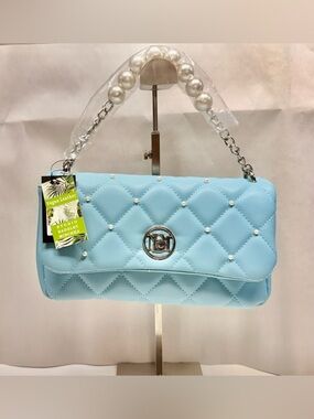 Badgley Mischka Quilted Pearl-Embellished Shoulder Bag - Light Blue. NWT